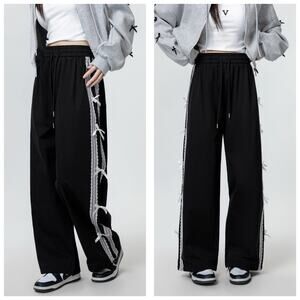 NWT Free Haven Black Track Pants  Size Medium With Side Bows Lace Coquette